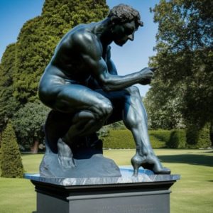 An AI generated image resembling Rodin's Thinker. It is wearing a single high-heeled shoe.